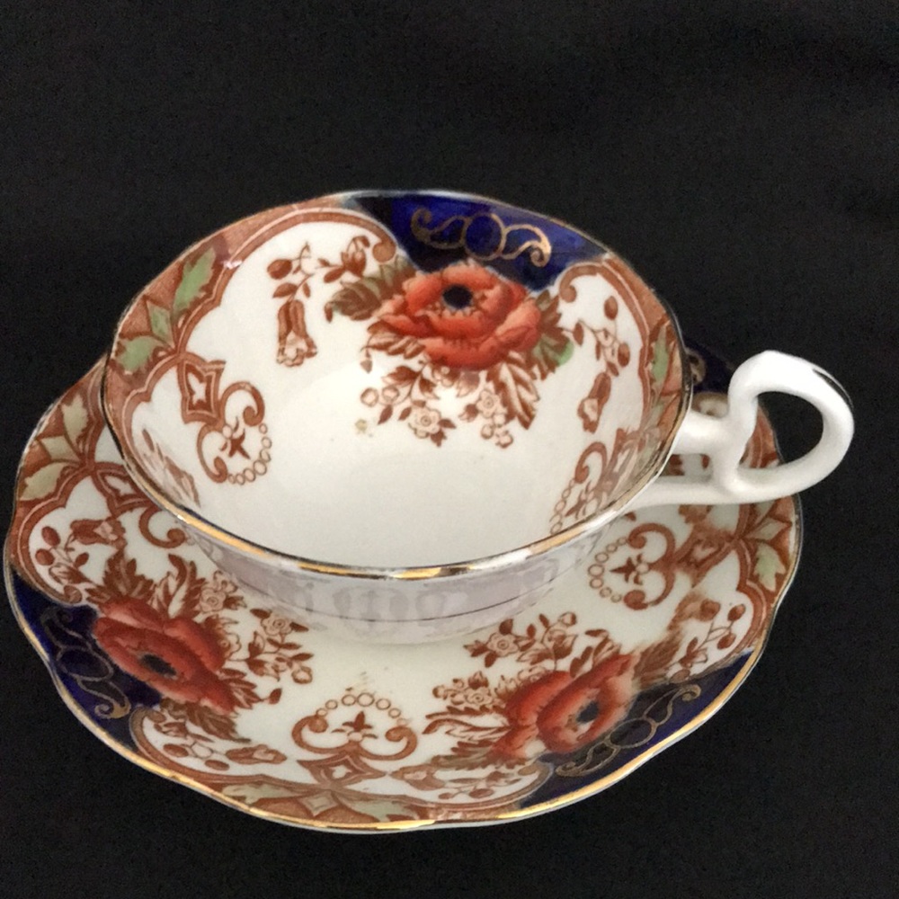 Vintage BELL Bone China Tea Cup & Saucer Cobalt Blue with Red Flower